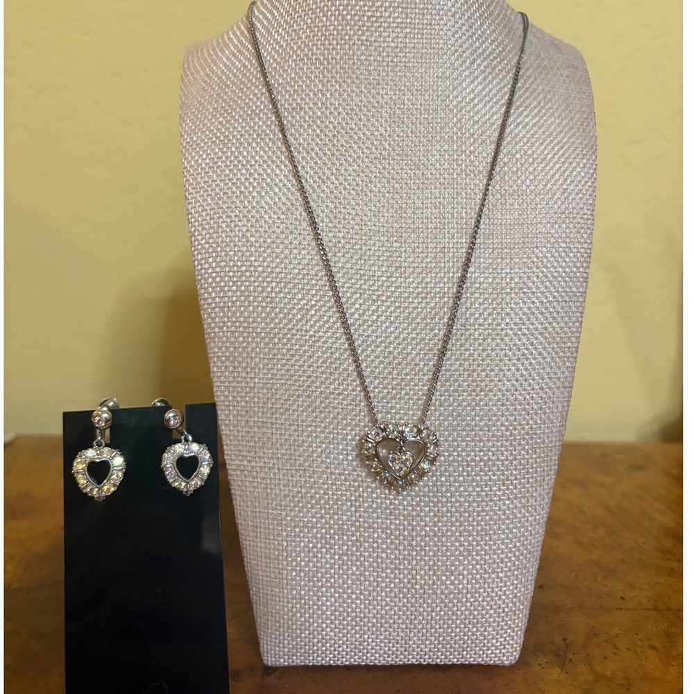 Vintage Clear Rhinestone Heart Necklace & Screw Back Earrings Set, Silver Tone